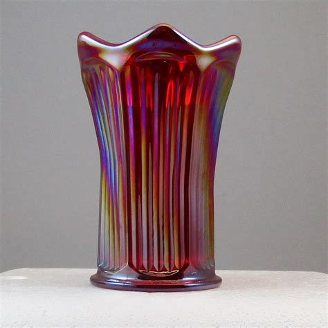 Mosser Red Fine Rib Carnival Glass Flared Squatty Vase 1