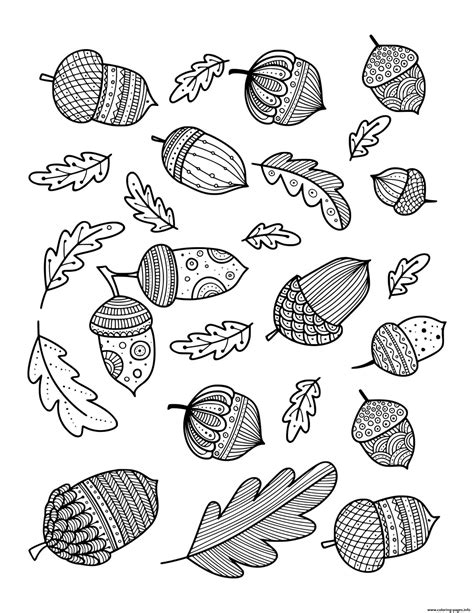 fall autumn acorn oak leaf doodle  adults coloring page printable