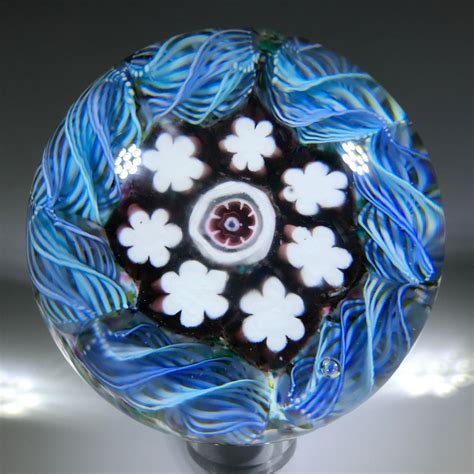 Vintage Murano Art Glass Paperweight Millefiori And Blue Torsade The