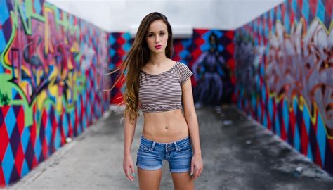 Girl Pierced Navel Jean Shorts Flat Belly Walls Portrait