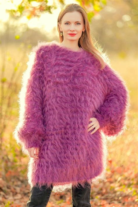 Fuzzy Mohair Sweater Purple Dress Crewneck Handknit Thick Fluffytunic