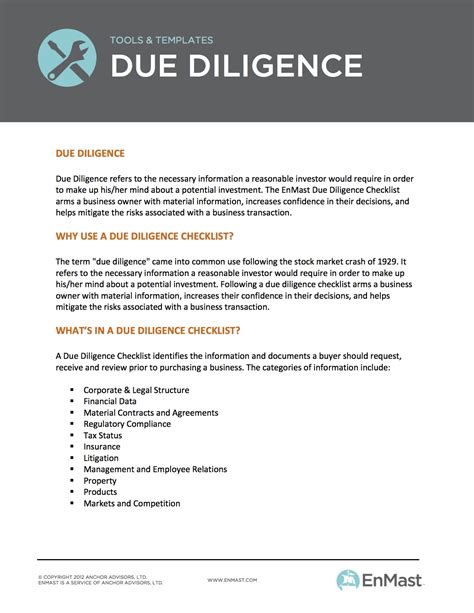 due diligence checklist  business owners tool  decision making