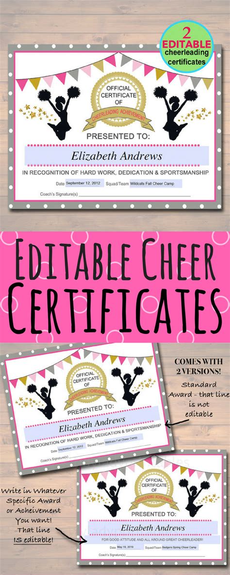editable cheerleader certificate instant  cheerleading
