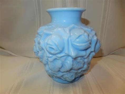 Sold Price Lovely Raised Rose Style Blue Milk Glass Vase Labeled