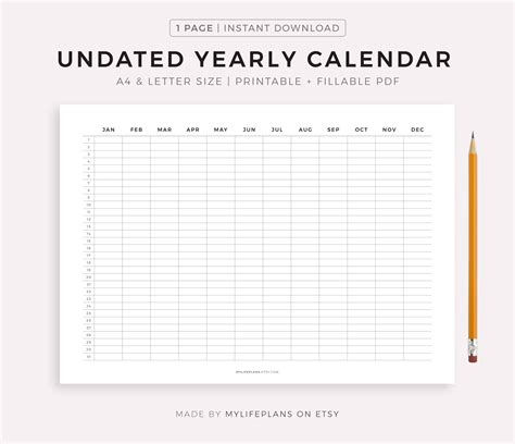undated year calendar printable fillable year   glance etsy