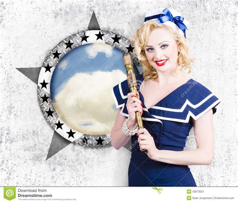 Pinup Travel Cruise Seafaring Girl With Telescope Stock Image Image
