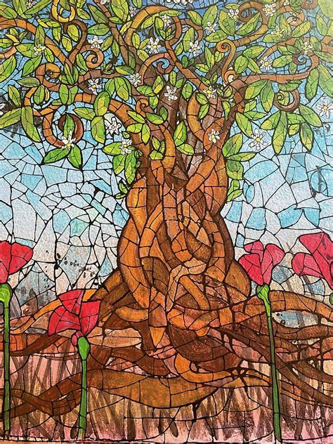 stained glass tree with red poppies mixed media by julie ann stricklin