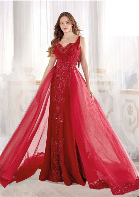 Red Prom Dress Double Straps Embellished V Neck Needle And Thread