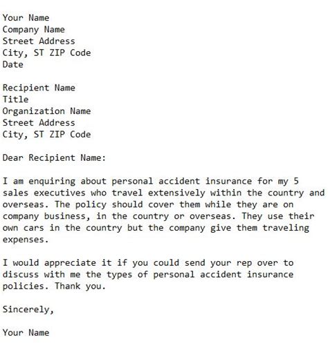request letter  personal accident insurance  business letter