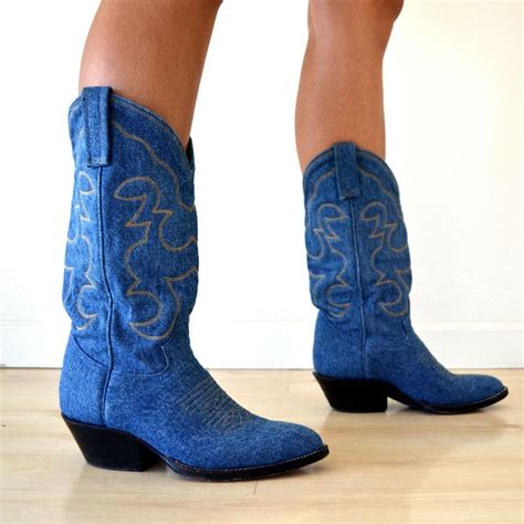 vintage blue denim mid calf cowboy boots womens size