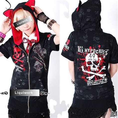 Men Women Black Red Cat Ear Hooded Skull Punk Emo Jackets