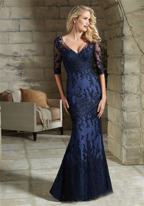 sheath v neck long navy blue lace beaded evening dress