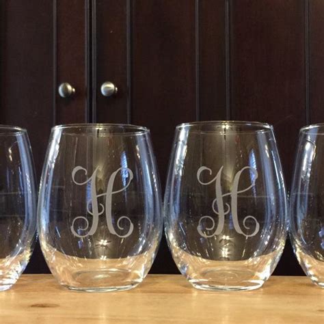 Etched Monogram Stemless Wine Glasses Set Of 4 Stemless Wine