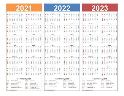 2021 And 2022 And 2023 Calendar Printable
