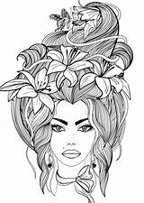 Coloring Pages Adult Girl Flowers Hair Adults Portrait Long Her Lily Butterfly Printable Girls Color Zentangle Women Books Colouring Colorear sketch template