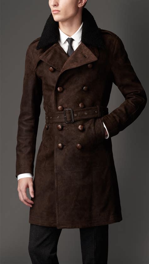 lyst burberry mid length shearling collar suede trench coat  brown  men