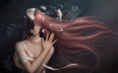 bandage breasts cleavage elfen lied jason peng long hair lucy elfen lied mask nude realistic