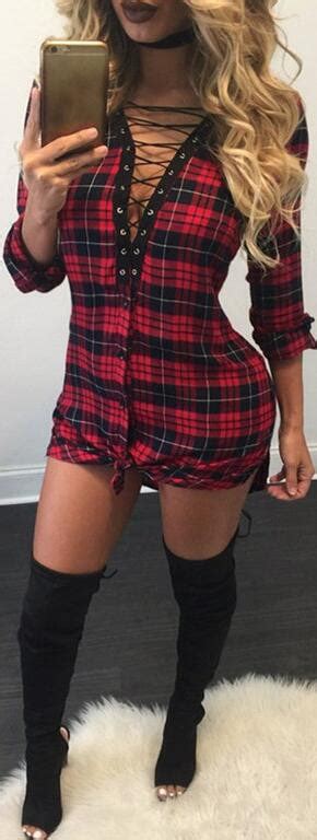 sexy lace up plaid shirt long sleeve short bodycon dress may your fashion