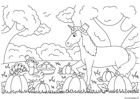 turkey brings pumpkin pie unicorn kids thanksgiving day coloring page