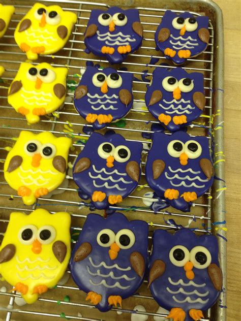 decorated cookies  blue  yellow owls    cooling rack