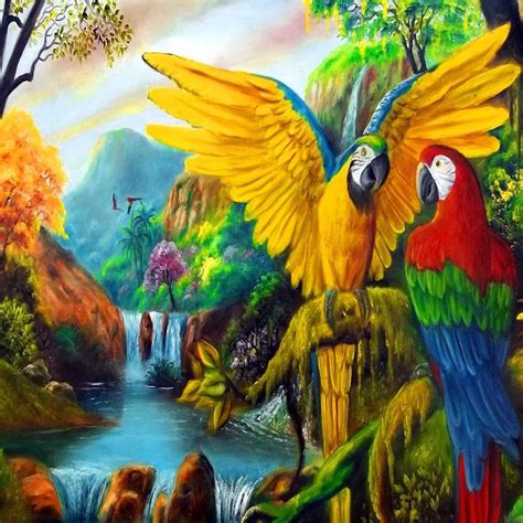 color bird parrot waterfall tree flower forest pillow painting art birds