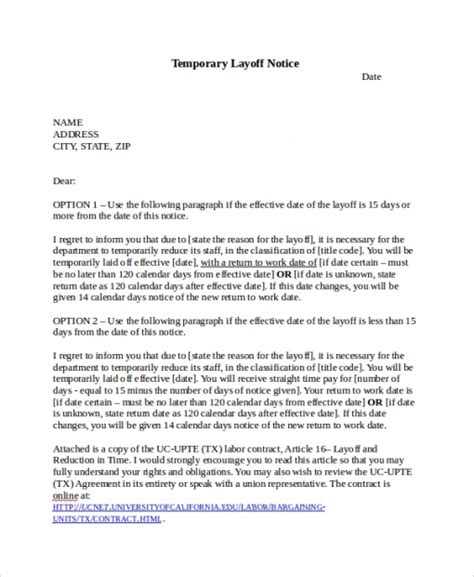 professional temporary layoff notice template ontario word tacitproject
