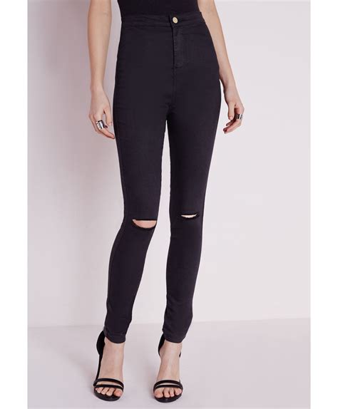 Missguided High Waist Ripped Knee Skinny Jeans Black In