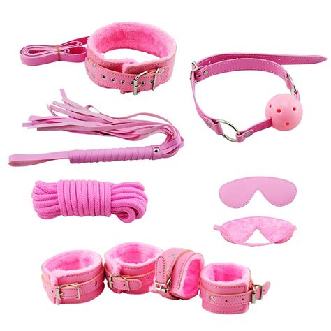pink fur bondage sm fetish set kit whip rope blindfold cuffs ball gag