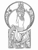 Coloring Pages Kraken Mermaid Siren Tattoo Nouveau Adult Mermaids Vintage Mystical Colouring Mythical Printable Sea Drawings Dessin Coloriage Books Drawing sketch template