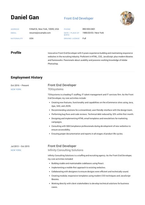 front  developer resume  resume examples resume template