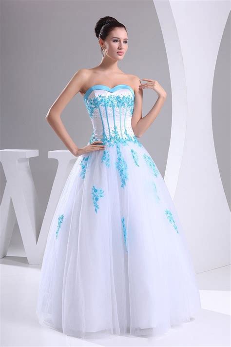 ball gown sweetheart corset beaded blue appliques white tulle wedding dress bridal gown cute