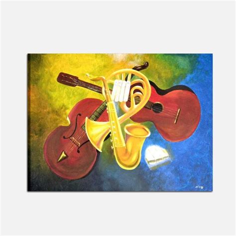 quadro a tema musicale chitarre e strumenti a fiato dipinto a mano