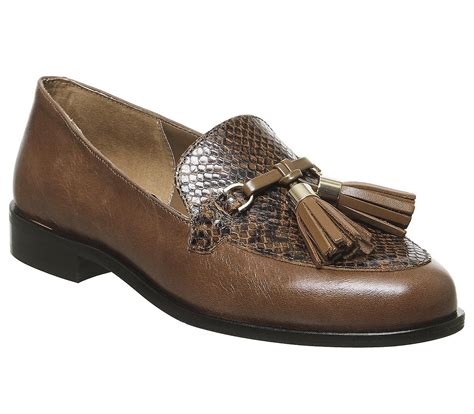 office function tassel loafers dark tan leather snake mix loafers