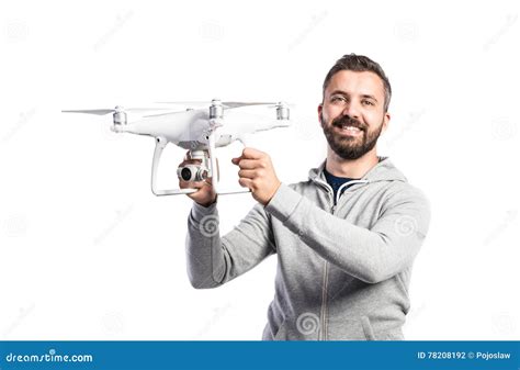 man holding drone studio shot  white background isolated stock photo image  object