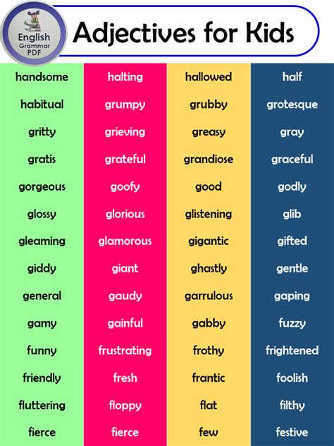 list  adjectives  kids   adjectives  kids english grammar
