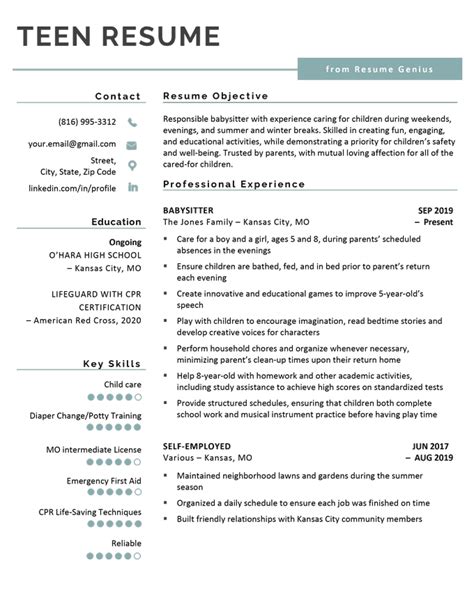 resume  teens examples writing tips
