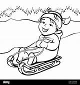 Sled Sledding Cartoon Kids Girl Drawing Coloring Snow Outline Child Winter Hill Character Rides Joyful Alamy Hand Happy Fun Cute sketch template