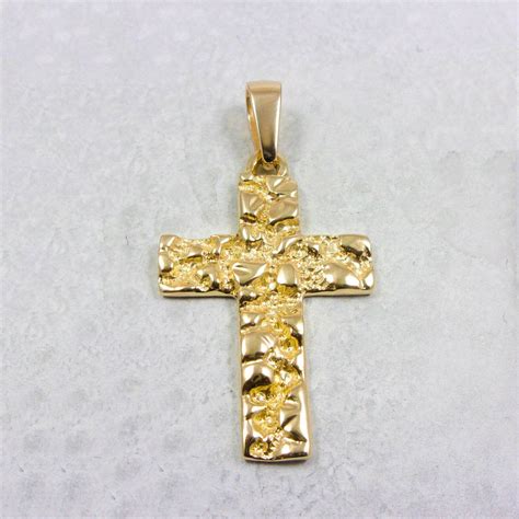 solid  yellow gold mens nugget cross mens gold cross pendant