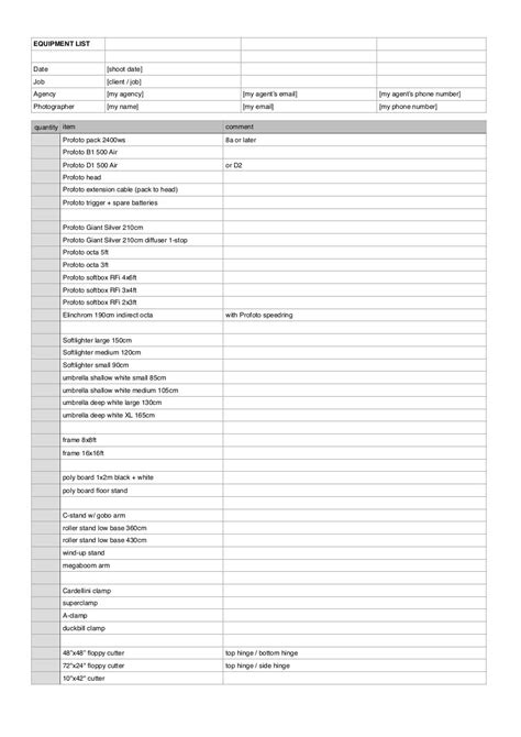 equipment list template copy equipment list template   archive