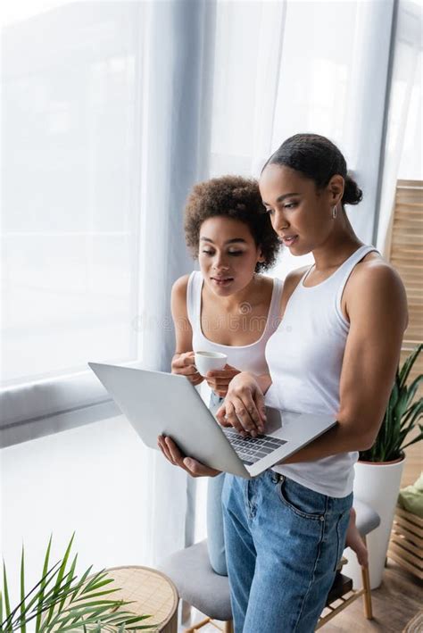 African American Lesbian Woman Using Laptop Stock Image Image Of