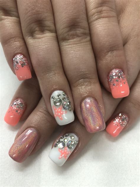 bright coral summer vacation tropical bling rhinestones chunky glitter ombre gel nails ombre gel