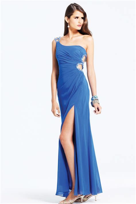 Blue One Shoulder High Slit Floor Length Column Sexy Dress