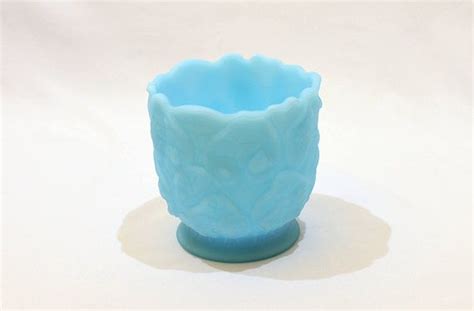 Vintage Fenton Water Lily Blue Milk Glass Bowl Authentic Handmade