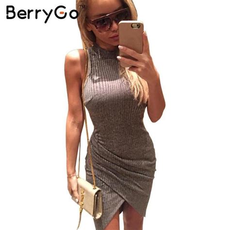 berrygo spring elegant gray sleeveless knitted dress women casual