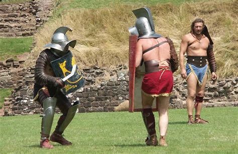 traex and murmillo gladiators in the roman arena caerleon amphitheatre july 2006