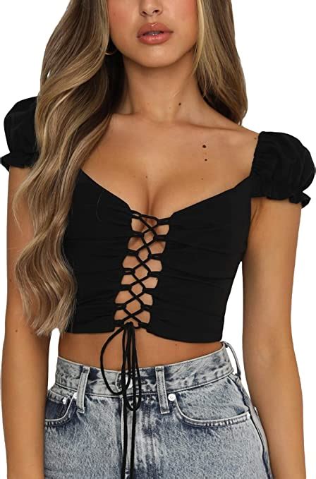 Huyghdfb Womens V Neck Crop Top Solid Color Lace Up T Shirt Blouse