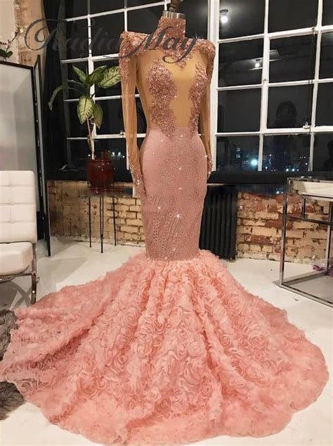 Glitter Sequin Long Sleeves 3d Floral Mermaid Rose Pink Prom Dresses