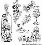 Wine Bottle Vector Coloring Grape Elements Wineglass Tattoo Pages Glass Grapevines Stock Grap Illustration Adult Stencils Grapes Drawing Vine Bottles sketch template