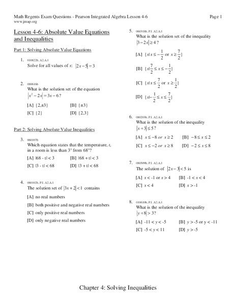absolute  equations  inequalities worksheet