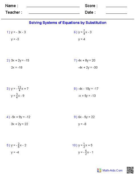 solving  variable systems  equations worksheets math aidscom